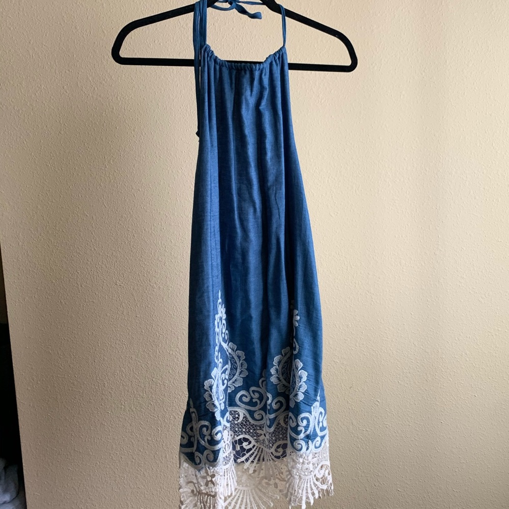 Open back Denim Print dress with lace detail